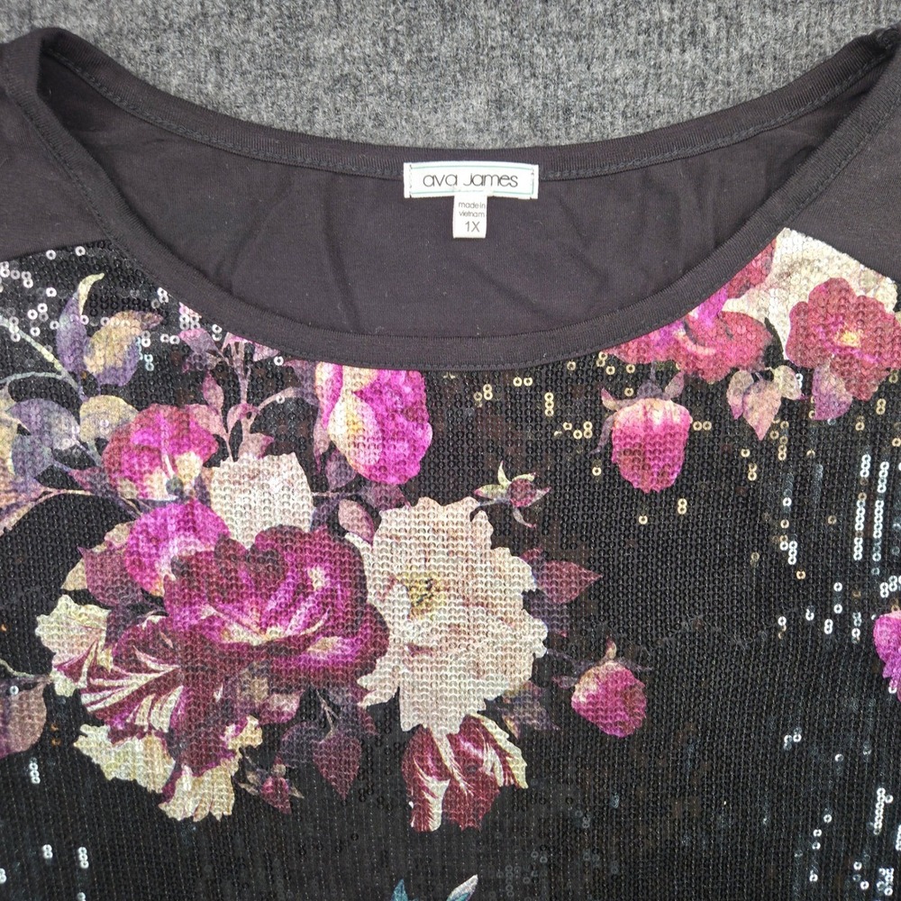 Ava James Floralā Sequin Top Womens 1X Black Rayon LS Rose Blouse Shimmer